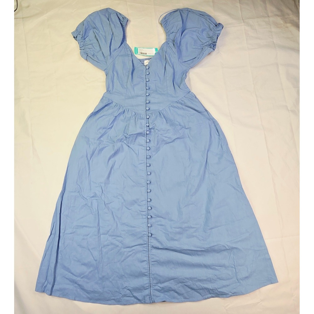 Petal & Pup Serenade Midi Dress Women Medium Blue Puff Sleeve Button Front Linen